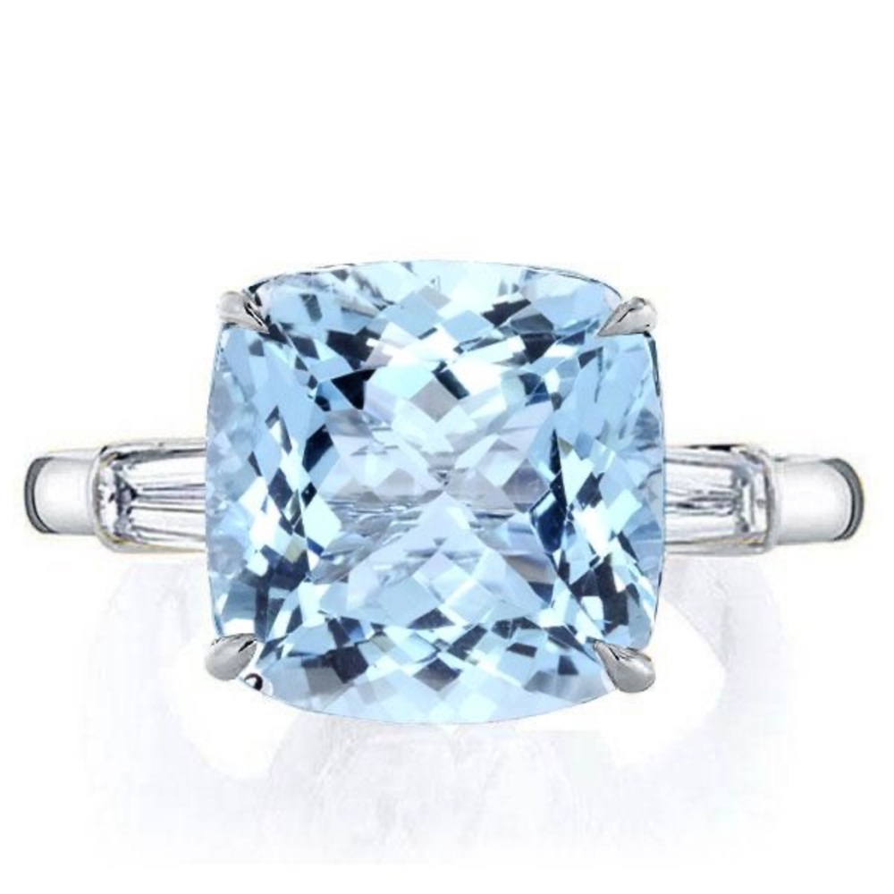 Italo Aquamarine Ring Cushion Cut 3 Stone Engagement Ring 925 Sterling S…